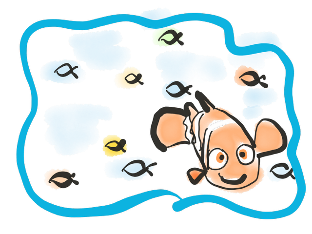 Ein gezeichneter Teich mit vielen kleinen Fischen und einem großen Clownfisch.