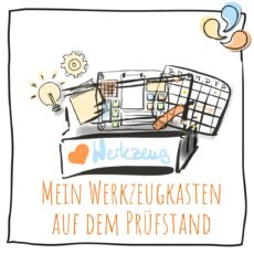 Zeichnung von einem Werkzeugkasten. Mein Werkzeugkasten, meine Tools, sind auf dem Prüfstand.