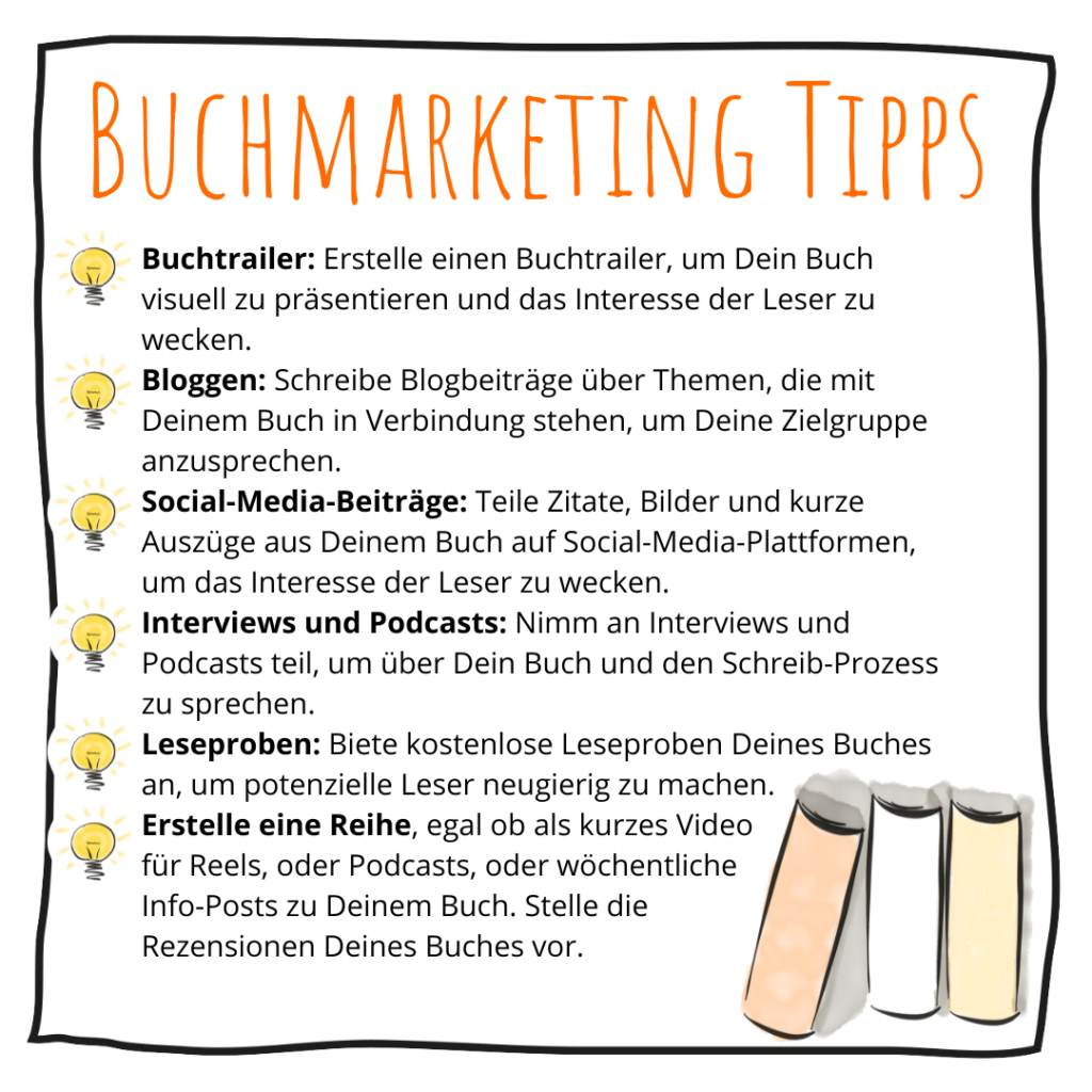 Buchmarketing: Mein Selbstversuch 2 Tipps von Beate Mader zu Buchmarketing aus ihrem Blogbeitrag Buchvermarktung vom April 2024.